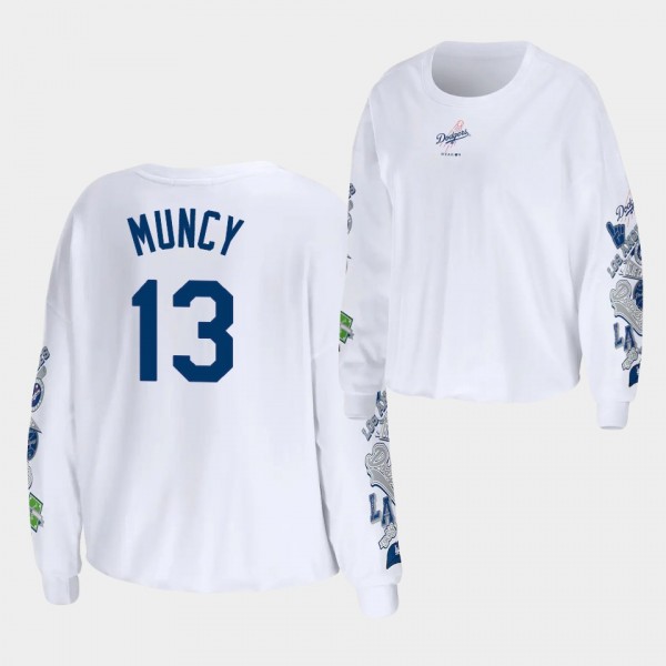 Women's LA Dodgers #13 Max Muncy Celebration Cropped Long Sleeve WEAR by Erin Andrews T-Shirt