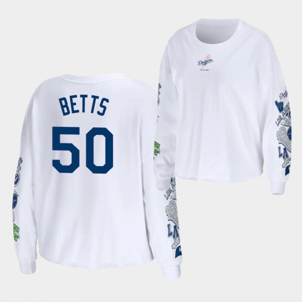 Women's LA Dodgers #50 Mookie Betts Celebration Cropped Long Sleeve WEAR by Erin Andrews T-Shirt