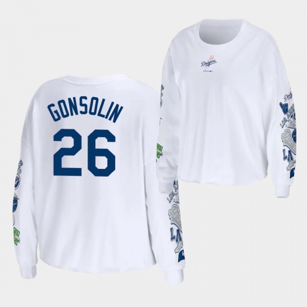 Women's LA Dodgers #26 Tony Gonsolin Celebration Cropped Long Sleeve WEAR by Erin Andrews T-Shirt