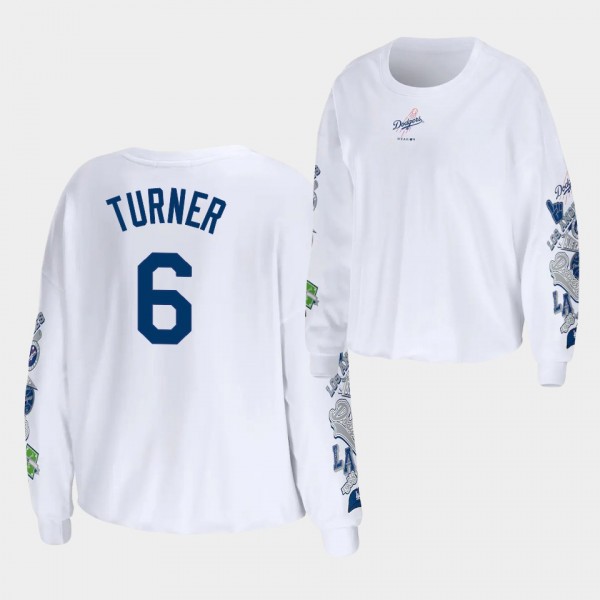 Women's LA Dodgers #6 Trea Turner Celebration Cropped Long Sleeve WEAR by Erin Andrews T-Shirt