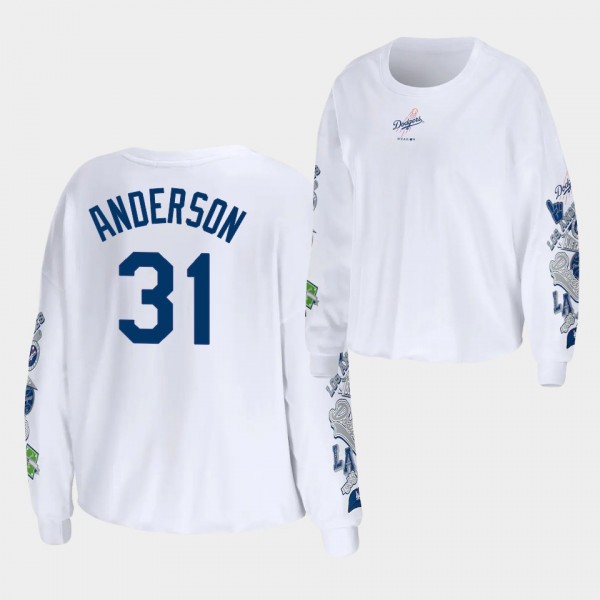 Women's LA Dodgers #31 Tyler Anderson Celebration Cropped Long Sleeve WEAR by Erin Andrews T-Shirt