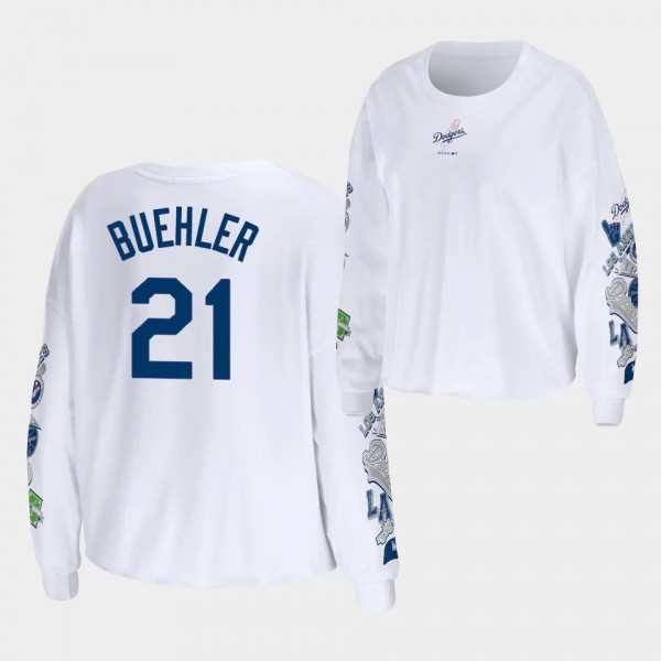 Women's LA Dodgers #21 Walker Buehler Celebration Cropped Long Sleeve WEAR by Erin Andrews T-Shirt