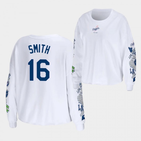 Women's LA Dodgers #16 Will Smith Celebration Cropped Long Sleeve WEAR by Erin Andrews T-Shirt