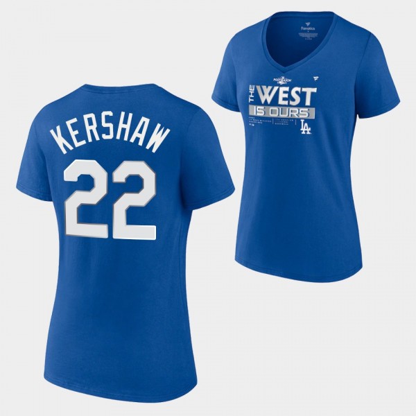 Women's Los Angeles Dodgers #22 Clayton Kershaw Locker Room 2022 NL West Division Champions V-Neck T-Shirt