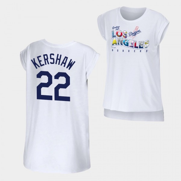 Women's Dodgers WEAR by Erin Andrews #22 Clayton Kershaw Greetings From White T-Shirt