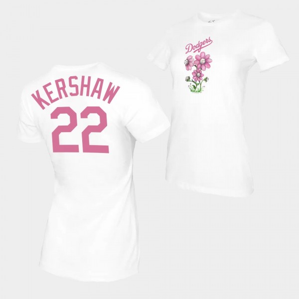 Women's Clayton Kershaw Los Angeles Dodgers Mother's Day Blooming Baseballs White T-shirt