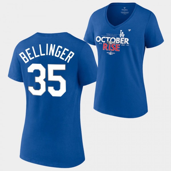 Women's Dodgers #35 Cody Bellinger Royal 2022 Postseason Locker Room T-Shirt V-Neck