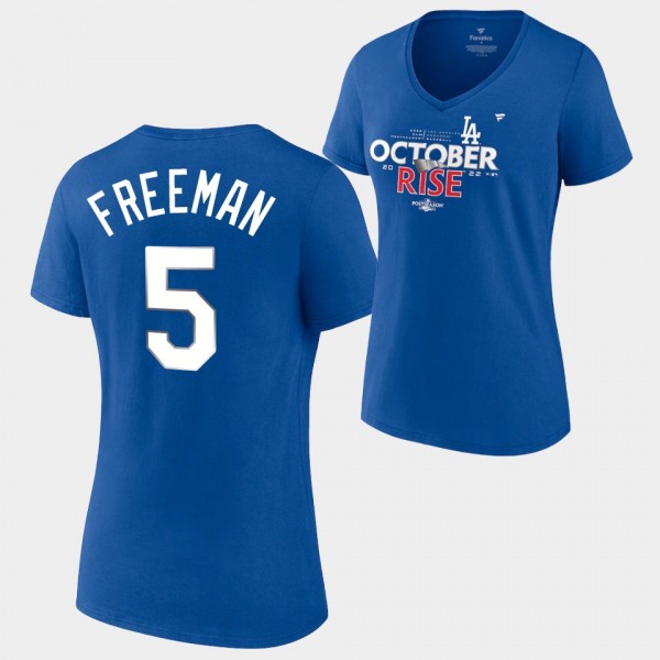 Women's Dodgers #5 Freddie Freeman Royal 2022 Postseason Locker Room T-Shirt V-Neck
