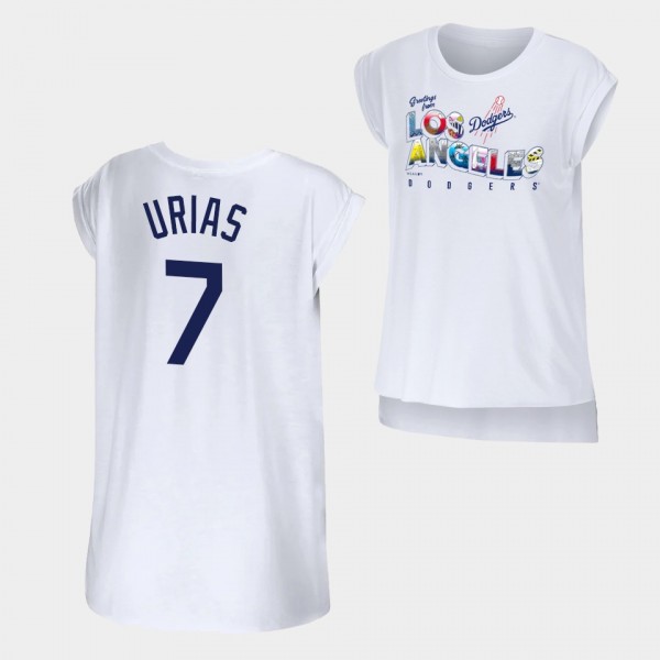 Women's Dodgers WEAR by Erin Andrews #7 Julio Urias Greetings From White T-Shirt