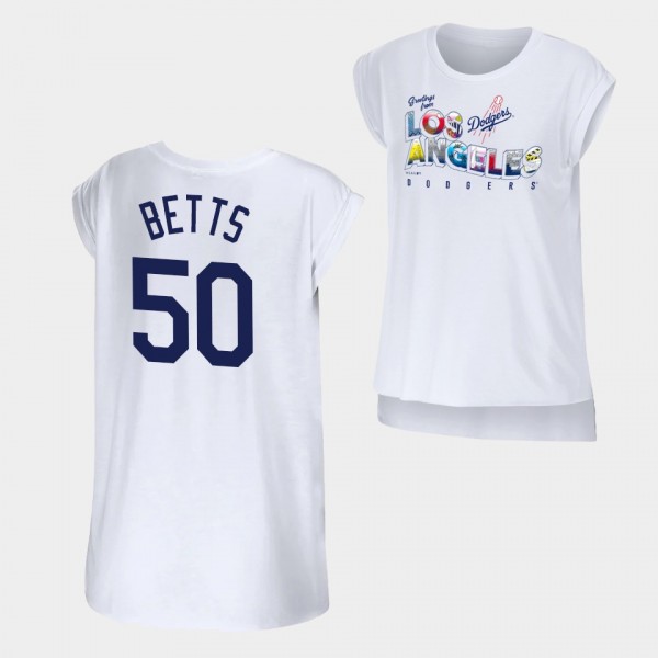 Women's Dodgers WEAR by Erin Andrews #50 Mookie Betts Greetings From White T-Shirt