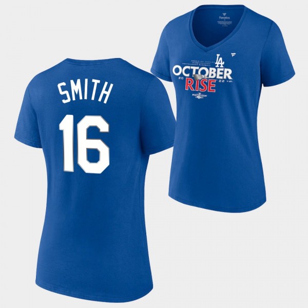 Women's Dodgers #16 Will Smith Royal 2022 Postseason Locker Room T-Shirt V-Neck