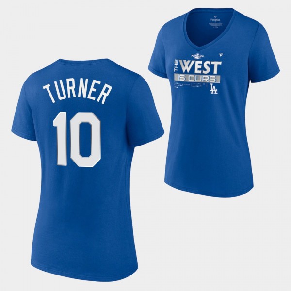 Women's Los Angeles Dodgers #10 Justin Turner Locker Room 2022 NL West Division Champions V-Neck T-Shirt