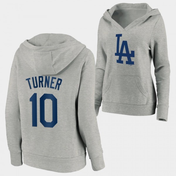 Women's Dodgers Justin Turner Pullover Gray V-Neck Logo Crossover Hoodie