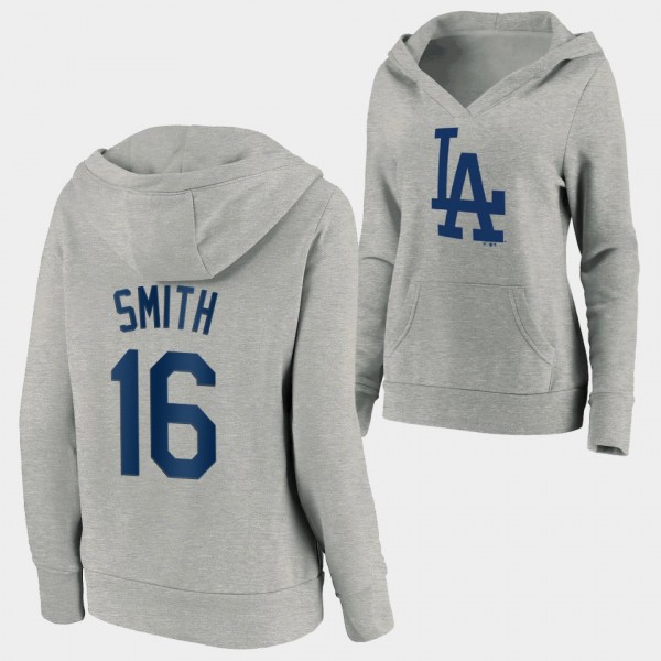 Women's Dodgers Will Smith Pullover Gray V-Neck Logo Crossover Hoodie