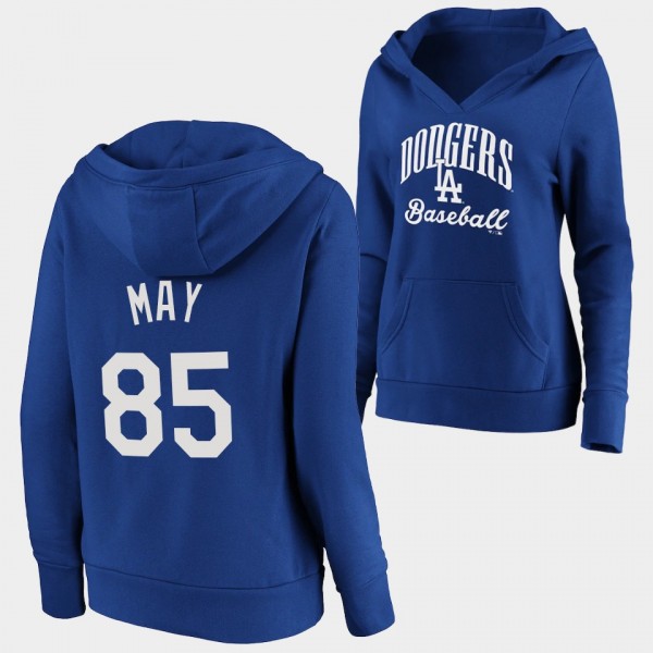 Women's #85 Dustin May Los Angeles Dodgers Crossover Neck Victory Script Hoodie - Royal