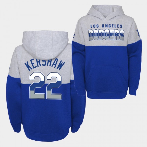 Youth #22 Clayton Kershaw Los Angeles Dodgers Pullover Playmaker Hoodie - Gray Royal