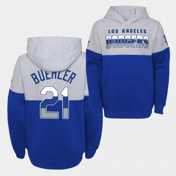 Youth #21 Walker Buehler Los Angeles Dodgers Pullover Playmaker Hoodie - Gray Royal