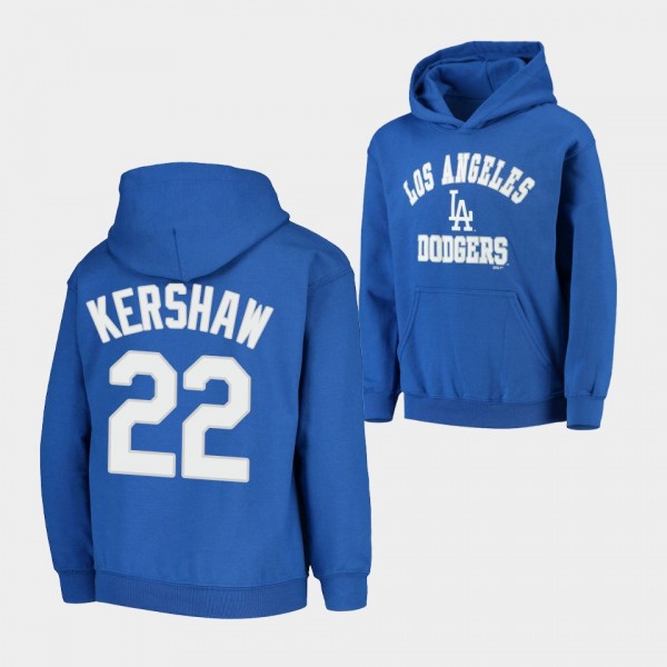 Youth Dodgers Clayton Kershaw Pullover Royal Fleece Stitches Hoodie